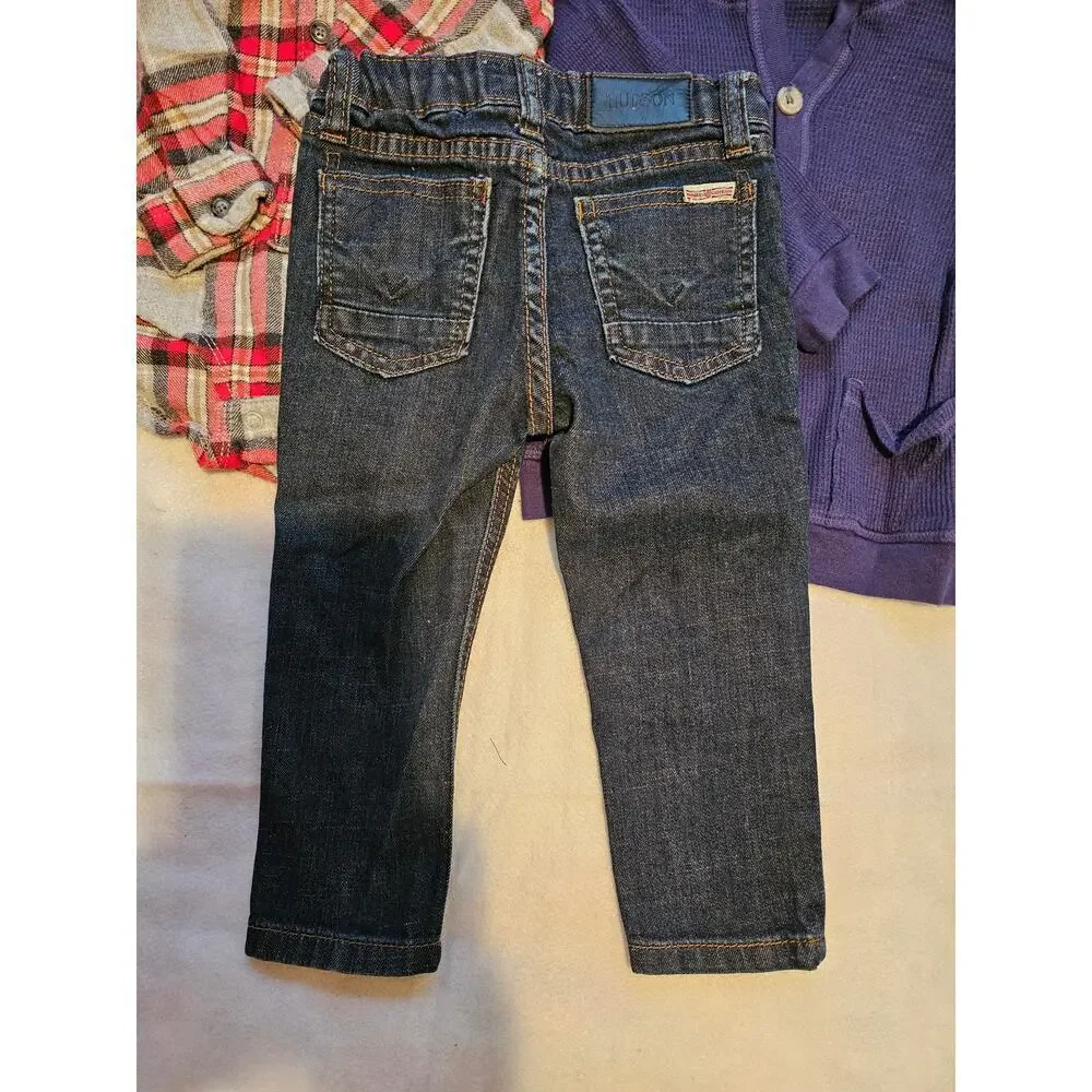 3 pieces - 18m Hudson jeans, 18m Osh Kosh flannel onesie, 12-18m cozii top